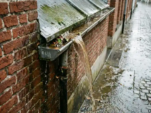 Regenwater dat over een verstopte zinken goot langs de gevel loopt