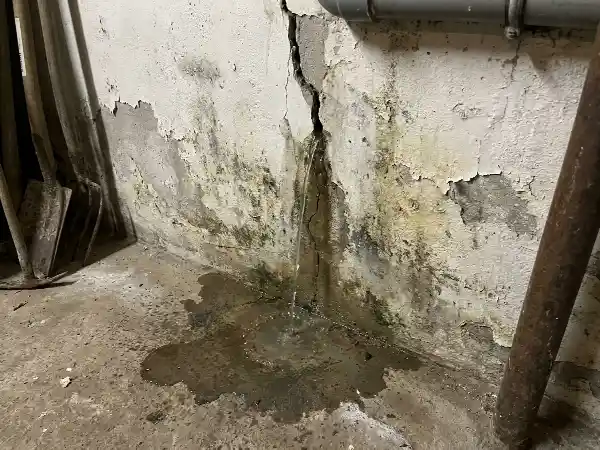 Water dat via een scheur in een keldermuur naar binnen sijpelt