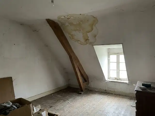 Bruine watervlek op een plafond onder een hellend dak