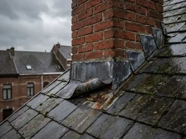 Bakstenen schouw op een leien dak met loszittende loodslabben